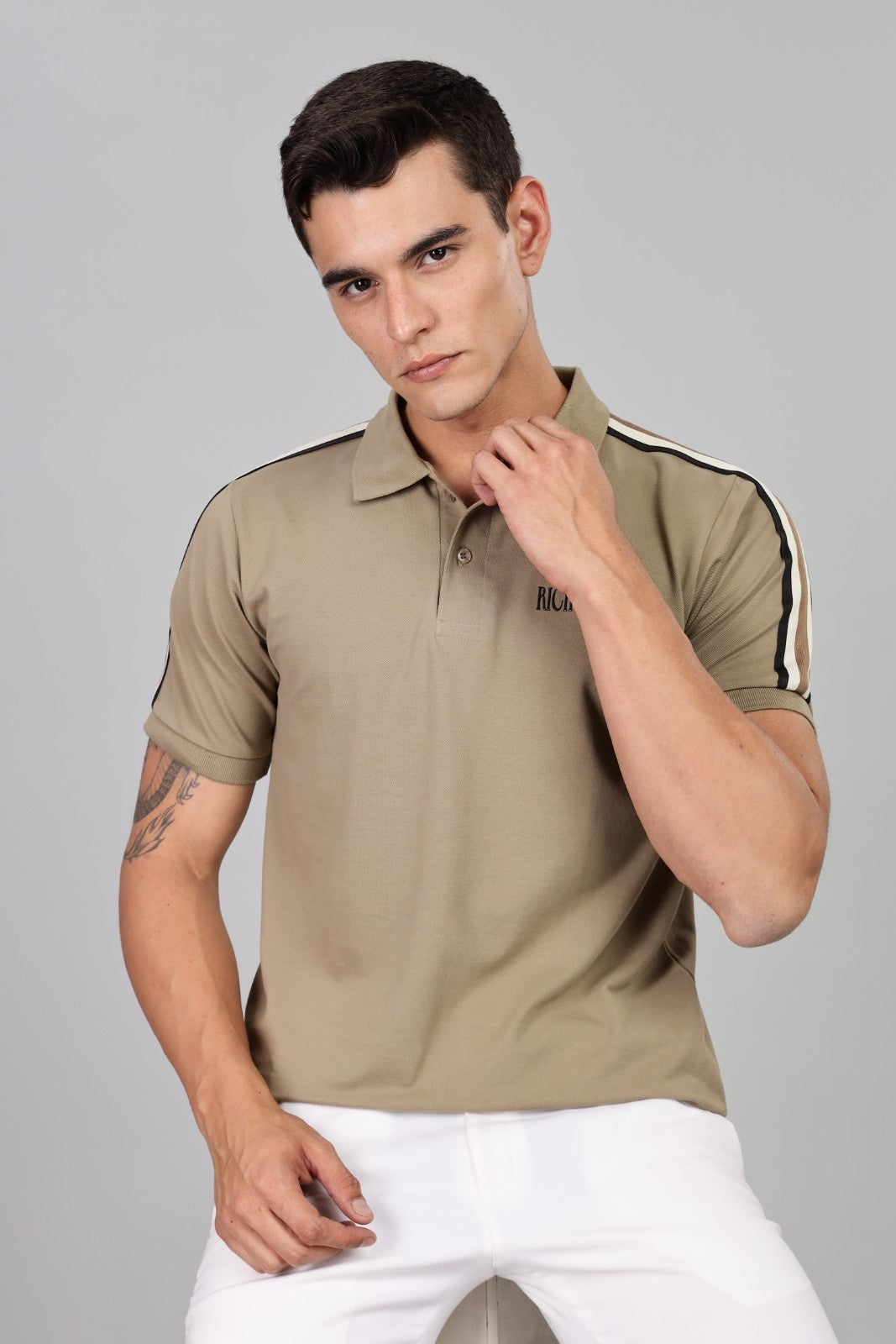 Men’s Beige Polo T-Shirt with Contrast Side Stripes