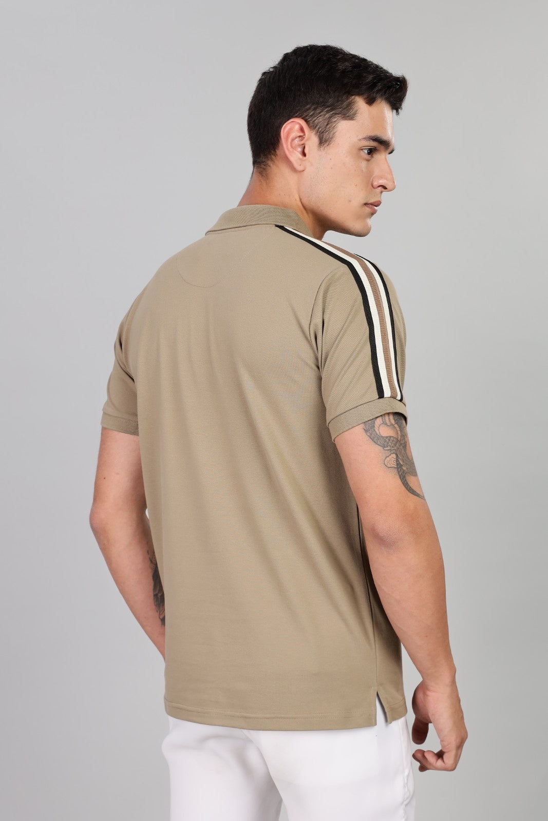Men’s Beige Polo T-Shirt with Contrast Side Stripes