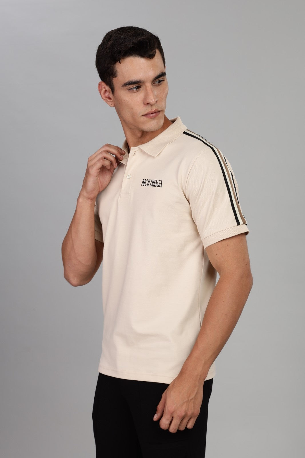 Men’s Beige Polo T-Shirt with Black Stripe Detailing