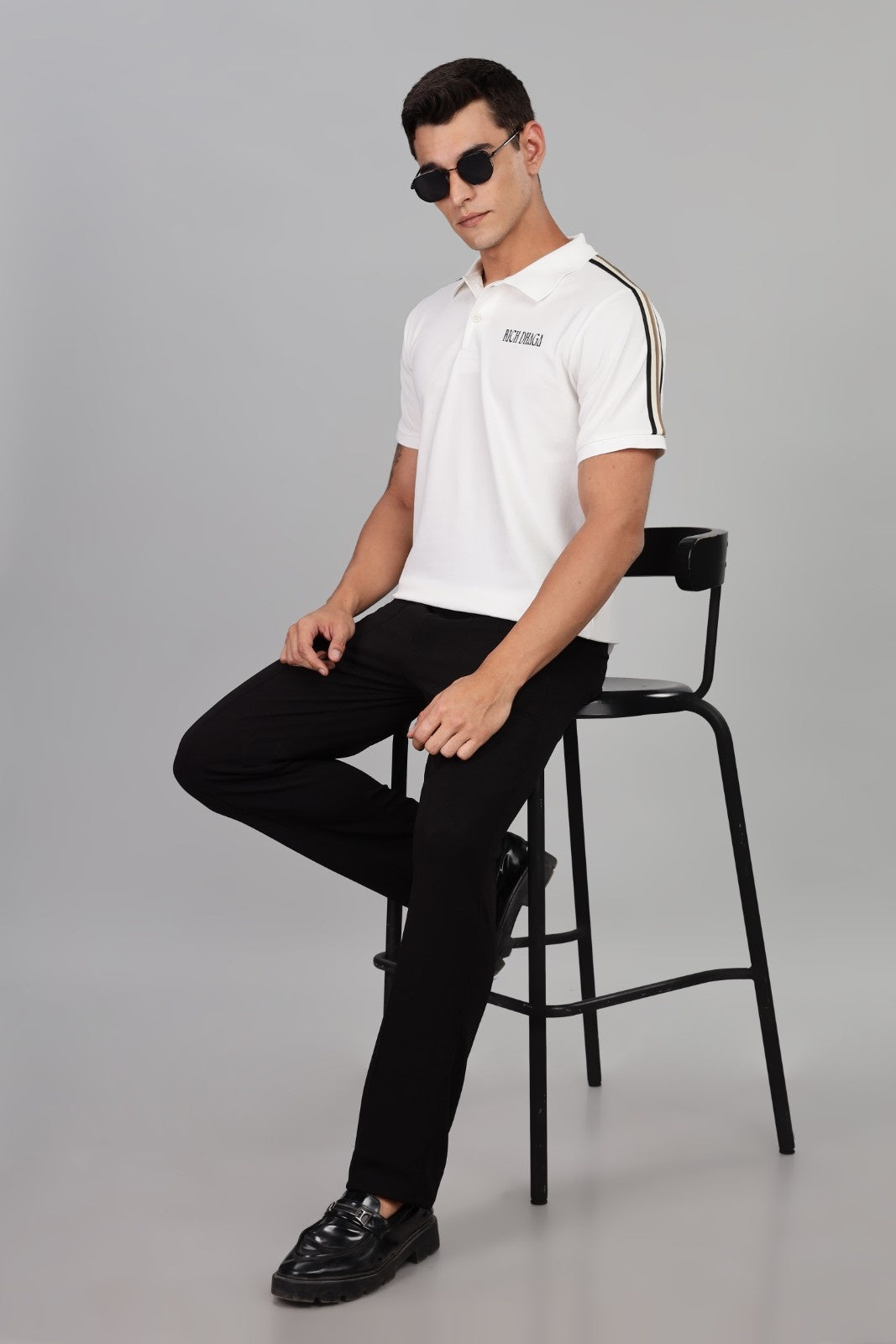 White Polo T-Shirt with Contrast Shoulder Stripes