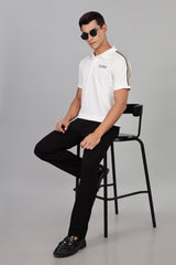White Polo T-Shirt with Contrast Shoulder Stripes