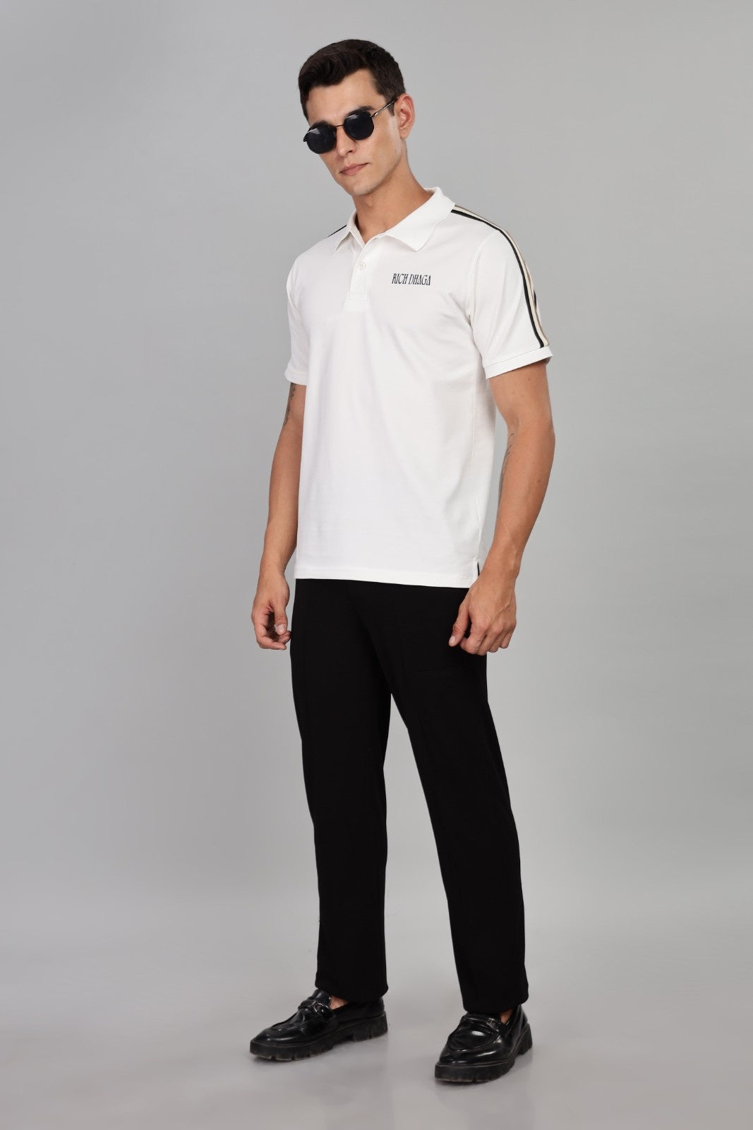 White Polo T-Shirt with Contrast Shoulder Stripes