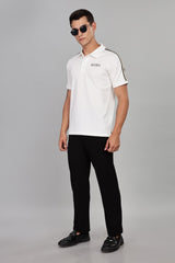 White Polo T-Shirt with Contrast Shoulder Stripes