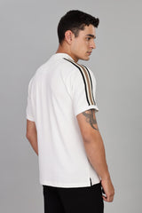 White Polo T-Shirt with Contrast Shoulder Stripes