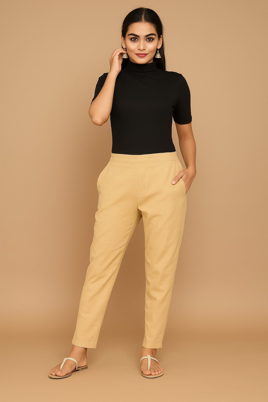 Women’s Beige Straight Fit High-Rise Pants