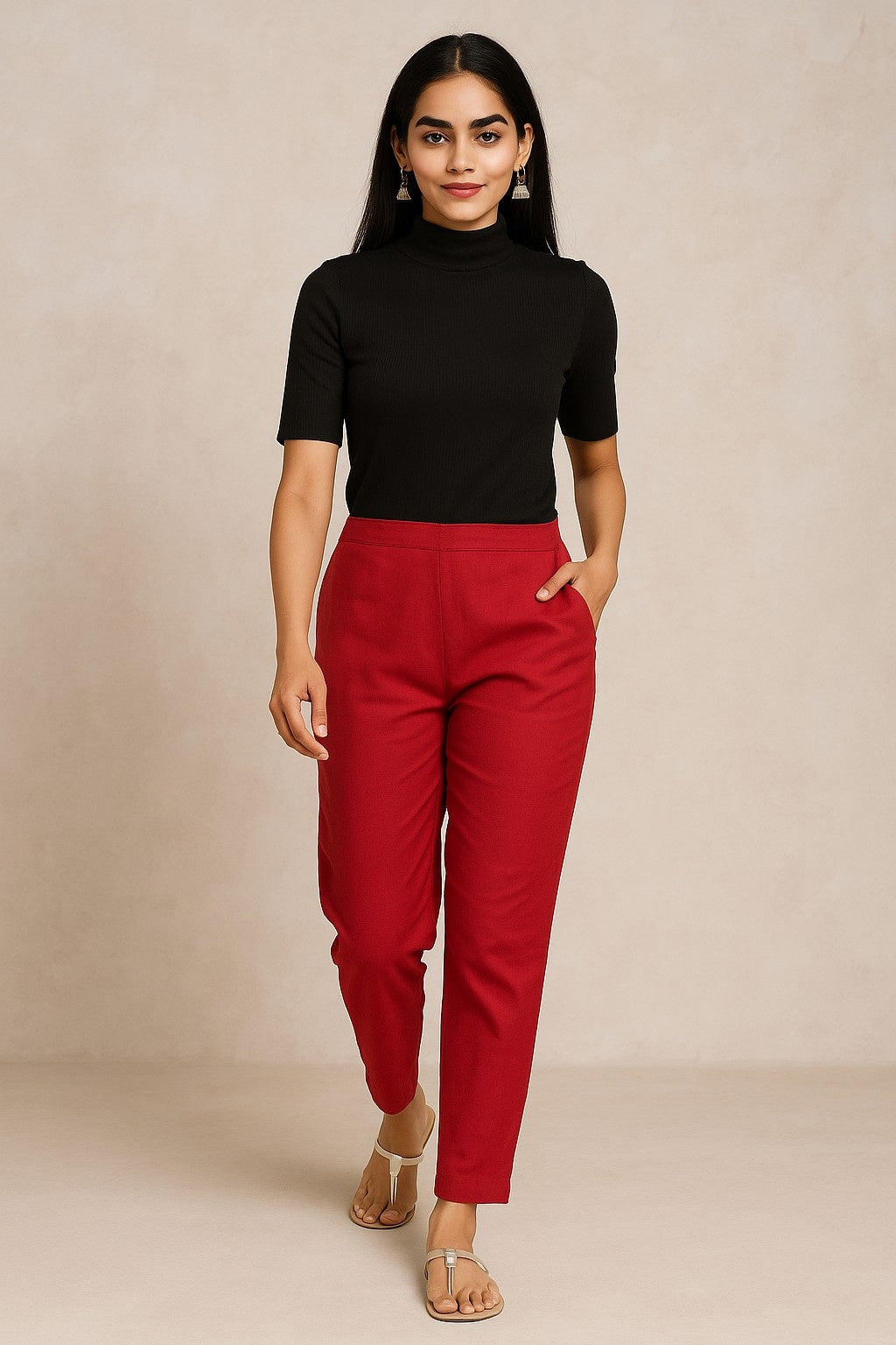 Women’s Red Straight Fit High-Rise Pants