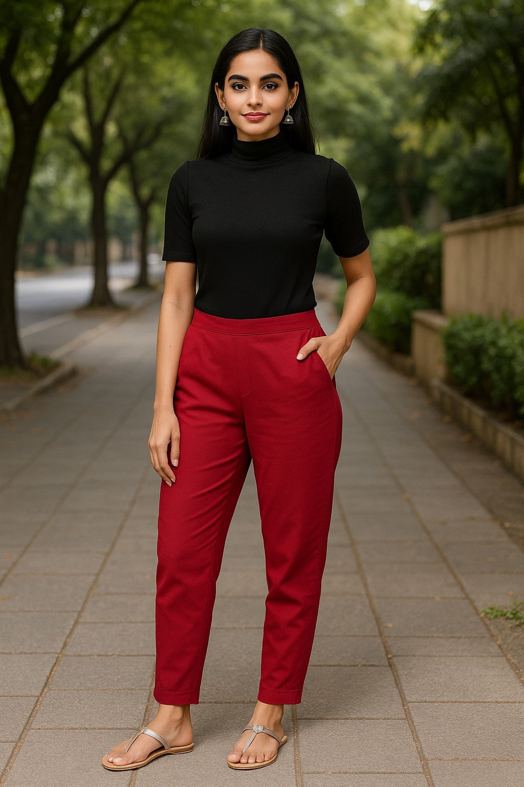 Women’s Red Straight Fit High-Rise Pants
